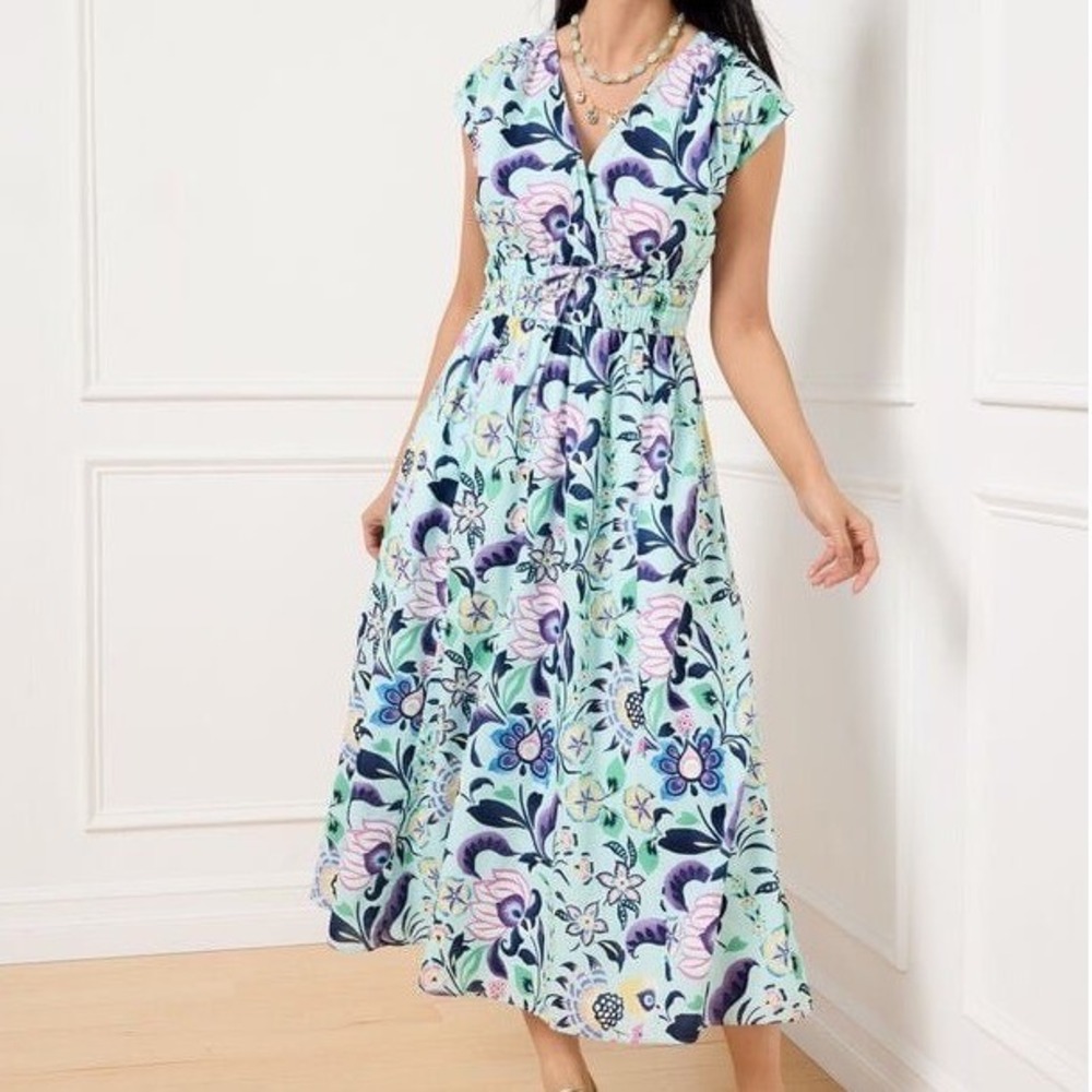 Talbots Size 6 Floral Maxi Dress Cotton Blue Purple Smocked Waist Cottagecore